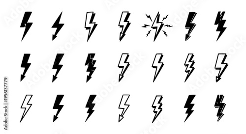 Bolt icons hand drawn set with different styles and variations of lightning symbols for energy and power concepts.