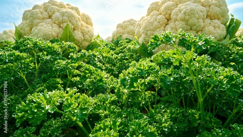 Close-up view of abundant, healthy, and organically grown white cauliflower heads peeking above lush, vibrant green, curly parsley foliage, glistening with fresh morning dew drops in a bright, sunlit