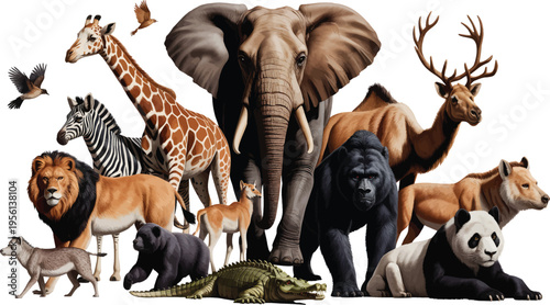 A Flat Cartoon Style Illustration Featuring a Diverse Collection of Animals Including an Elephant, Giraffe, Lion, Zebra, and Gorilla
