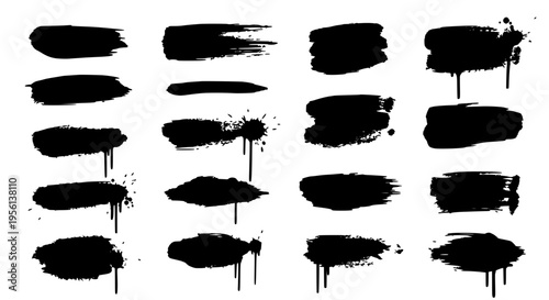 Paint brush stroke textures with dripping ink effects in a black silhouette collection for artistic design elements.