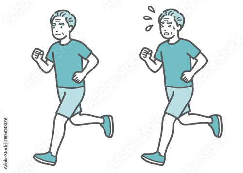 ランニング（ジョギング）をするシニア男性の比較イラスト（適度な運動と疲労）