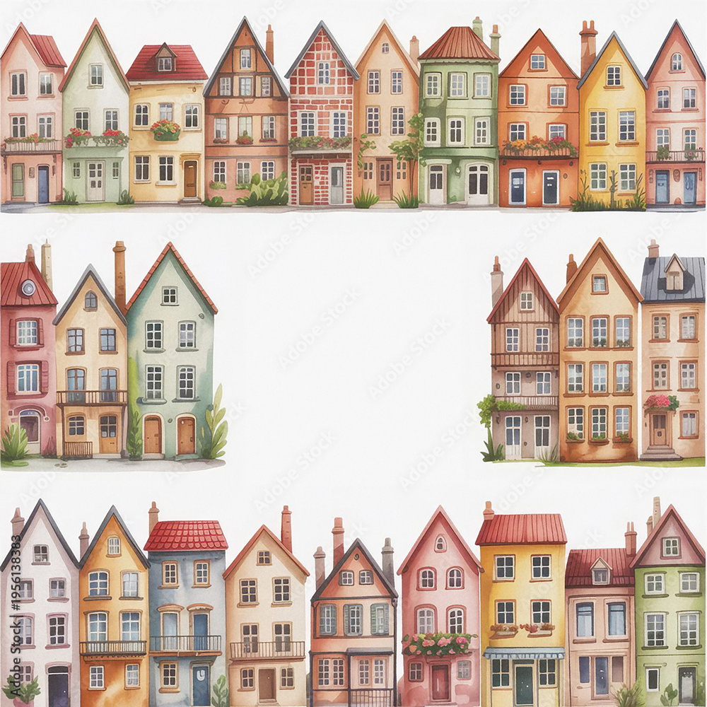 Fototapeta premium Cute houses frames watercolor village illustration, town digital frame clipart 4000x4000 DPI