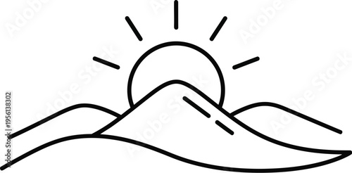Minimalist line drawing of a sunrise over mountains