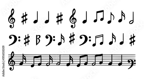 Musical notes and symbols including treble clefs, bass clefs, sharps, and various note durations on a staff.