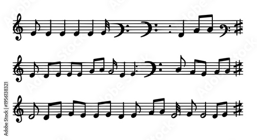 Sheet music lines with treble clef, notes, rests, and sharp symbols on staff lines in black and white graphic.