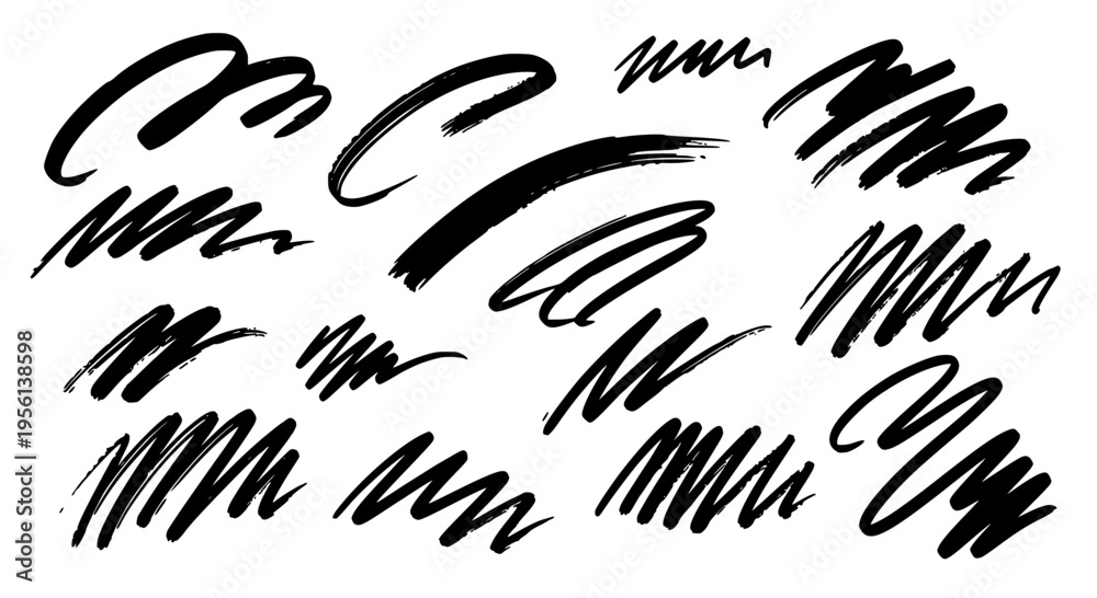 Obraz premium Brush strokes abstract set with black ink splashes and scribbles, organic hand-drawn lines on white background for design
