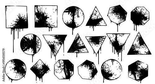 Geometric shapes with distressed splatters and drips, creating a grunge and abstract artistic effect for design elements.
