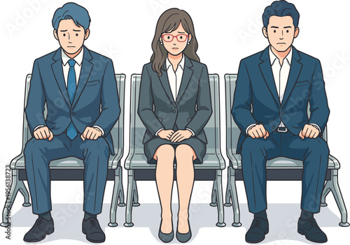 面接会場で緊張して待つ就活生・転職者（グループ面接・選考待機）