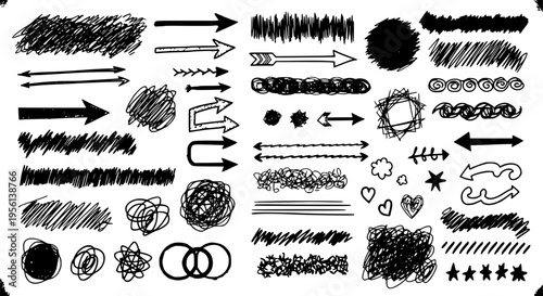 Arrows hand drawn set with scribbles, circles, and stars for design elements featuring arrow, scribble, doodle with graphic and element elements for