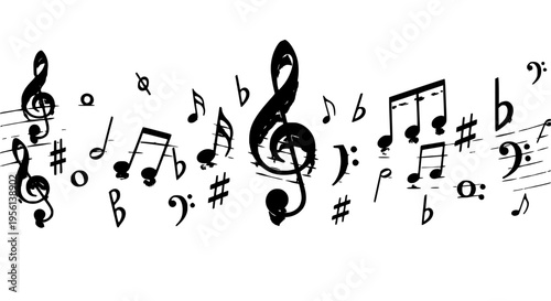 Musical notes with clefs and accidentals scattered across a white background, creating a dynamic composition of sound and rhythm.