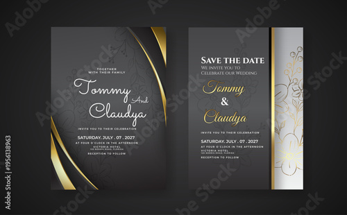 Save The Date. Romantic wedding invitation template with golden ornament.