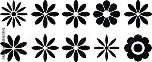 A collection of ten minimalist black flower icons, simple and versatile graphic elements perfect for design projects, web interfaces, or decorative patterns