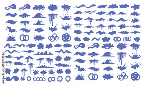 Collection of various blue abstract shapes and symbols on a white background.