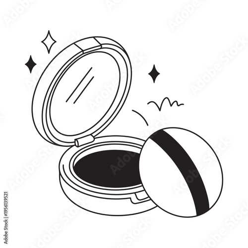 A black and white illustration depicts a powder compact and puff