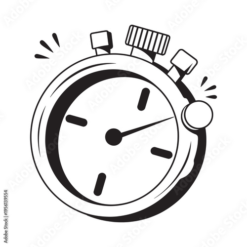 Black and white illustration of a stopwatch with speed lines and a circular frame