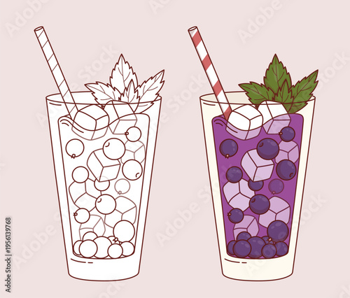 Purple Blackcurrant Drink with Ice, Berries and Mint. Coloring page. Color and Outline Summer Refreshing beverage drawing. Isolated Healthy Cocktail in glass and straw. Vector Illustration
