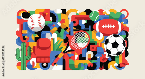 Tennis ball and racket sport illustration featuring a soccer ball vector icon for a world championship competition game design