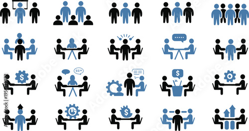 A comprehensive set of twenty minimalist vector icons depicting business meetings, collaborative teamwork, communication, and strategy, ideal for corporate and organizational planning