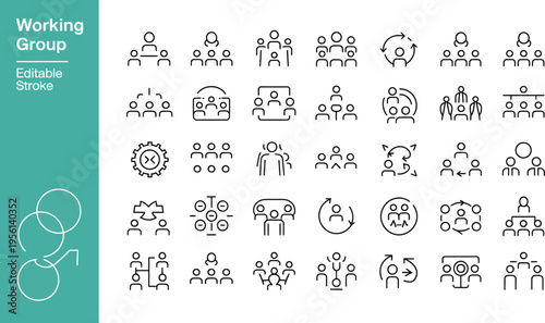 A collection of minimalist black and white icons representing teamwork, collaboration, and group dynamics