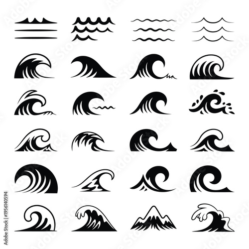 Collection of black wave illustrations depicting different oceanic forms