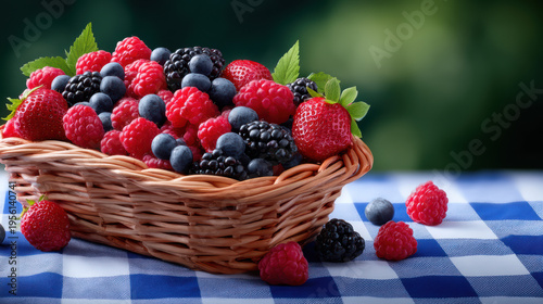 A woven basket overflowing with fresh and colorful mixed berries sits on a blue and white checkered tablecloth, set against a blurred natural outdoor backdrop.