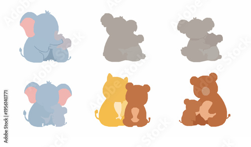Cute mother and baby animals vector set with elephant koala and bear family characters