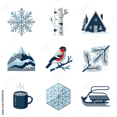冬の風景と雪のアイコン9種セット 白背景に孤立した北欧風ミニマルイラスト 季節のデザインやグリーティングカードに最適な洗練された素材