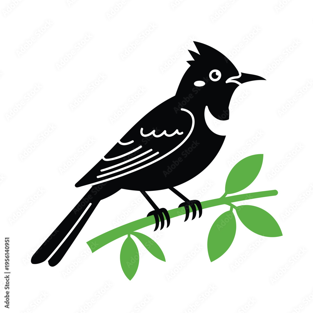 Obraz premium Stylized black silhouette of a bird perched on a green branch