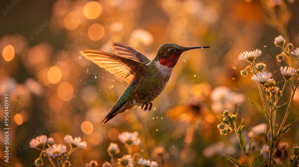 Fototapeta premium A hummingbird hovers near colorful flowers in a lush garden environment.