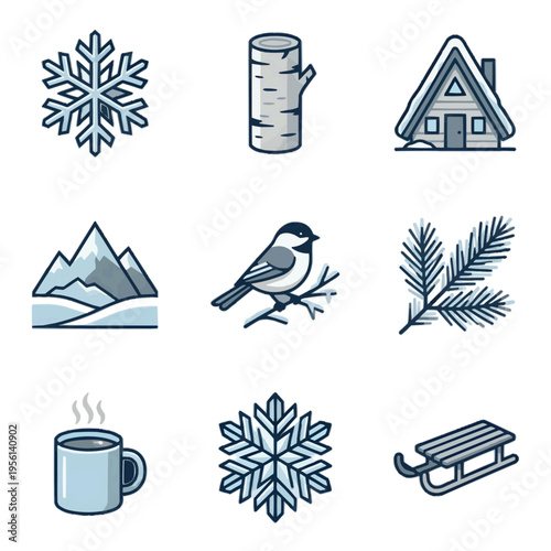 冬の風景と雪のアイコン9種セット 白背景に孤立した北欧風ミニマルイラスト 季節のデザインやグリーティングカードに最適な洗練された素材