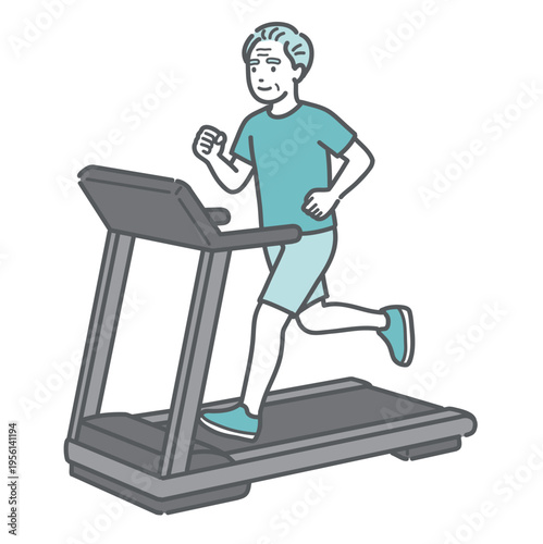トレッドミルで笑顔でランニングをするシニア男性のイラスト（健康づくり・フィットネス）