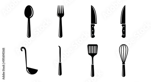 Set of Kitchen Utensils Icons: Spoon, Fork, Knives, Ladle, Spatula, Whisk, Peeler