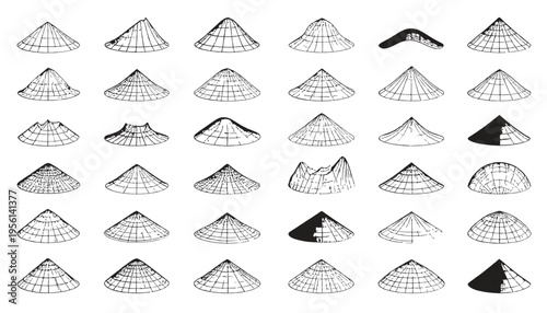 Asian conical hat array: a collection of traditional Asian conical hats, meticulously illustrated to highlight the unique design, shape, and construction of each one.