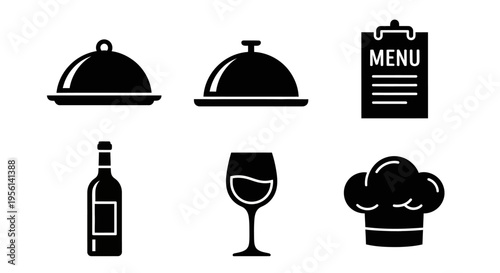 Restaurant Icons: Food Cloche, Menu, Wine Bottle, Wine Glass, Chef Hat