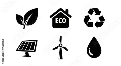 Eco friendly icons: leaf, house, recycle, solar panel, wind turbine, water drop