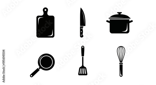Set of kitchen utensils icons: cutting board, knife, pot, frying pan, spatula, whisk