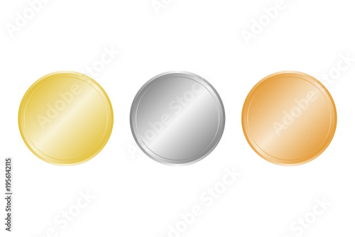 金銀銅のメダルアイコンセット 円形コイン風イラスト素材