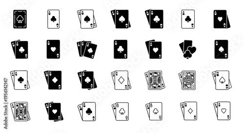 Playing Card Icons Set: Spades, Hearts, Diamonds, Clubs - Black and White
