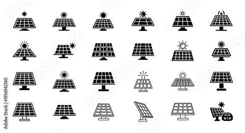 Solar Panel Icons Set: Renewable Energy, Sustainable Technology, Green Power