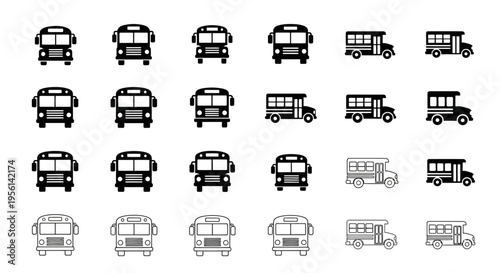Collection of School Bus Icons: Front and Side Views, Black and White
