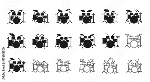 Drum Set Icon Collection: Various Drum Kits and Percussion Instruments