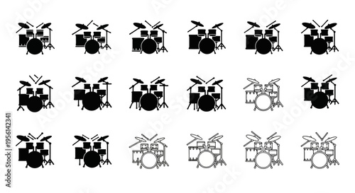 Drum Set Icons Collection: Various Styles and Configurations