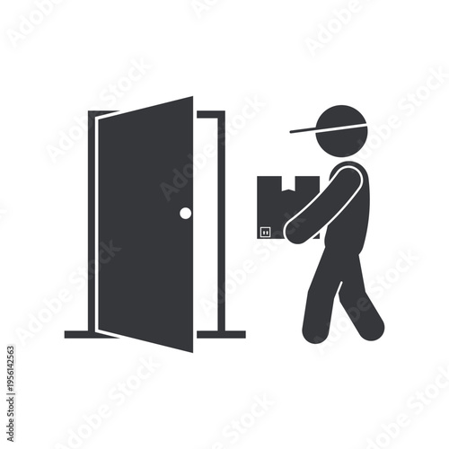 Isolated pictogram of courier carrying package box front of door representing delivery service, shipping process, logistics activity, and parcel distribution concept