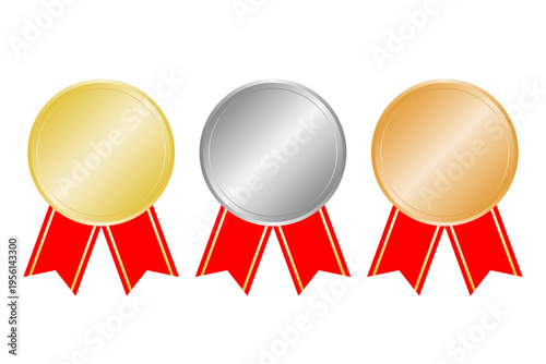 金銀銅メダルと赤リボンの表彰アイコンセット ランキング賞イラスト素材