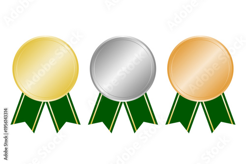 金銀銅メダルと赤リボンの表彰アイコンセット ランキング賞イラスト素材　緑