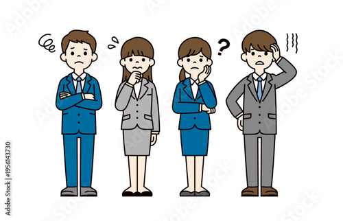 困る・悩む表情・ポーズの、スーツを着た複数の学生・就活生の全身ベクターイラスト素材セット