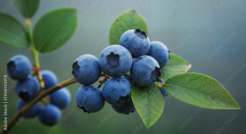 Fototapeta premium Fresh ripe blueberries on branch with green leaves in garden, organic summer berry harvest for healthy lifestyle nutrition antioxidant food photography background decoration.