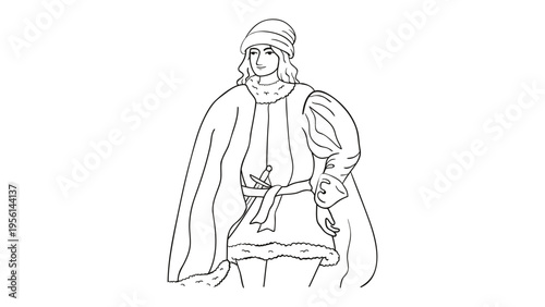 A minimalist line art illustration of a woman wearing a cape and mask