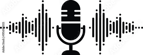 Professional Black Condenser Microphone Icon with Digital Audio Sound Waveform for Podcasting Radio Broadcasting Voice Recording and Music Studio Graphic Design