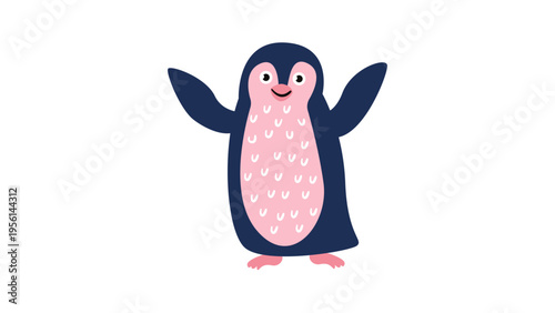 A cute cartoon penguin with a pink belly and white polka dots